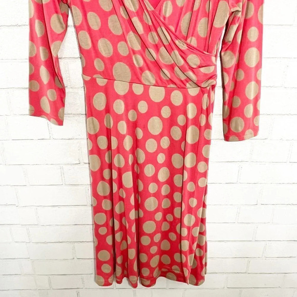 Boden Tan & Coral  Raspberry Dots Faux Wrap Polka Dot Dress Women's US Size 6R - Picture 3 of 6